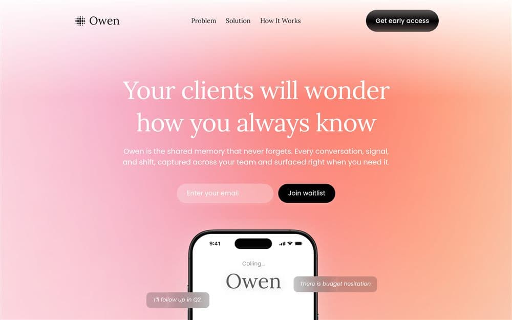 Voorbeeld van de homepage van Owen